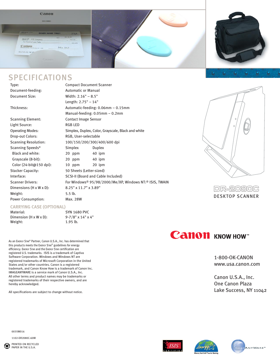 Specifications, Desktop scanner | Canon Desktop Scanner DR-2080C User Manual | Page 4 / 4