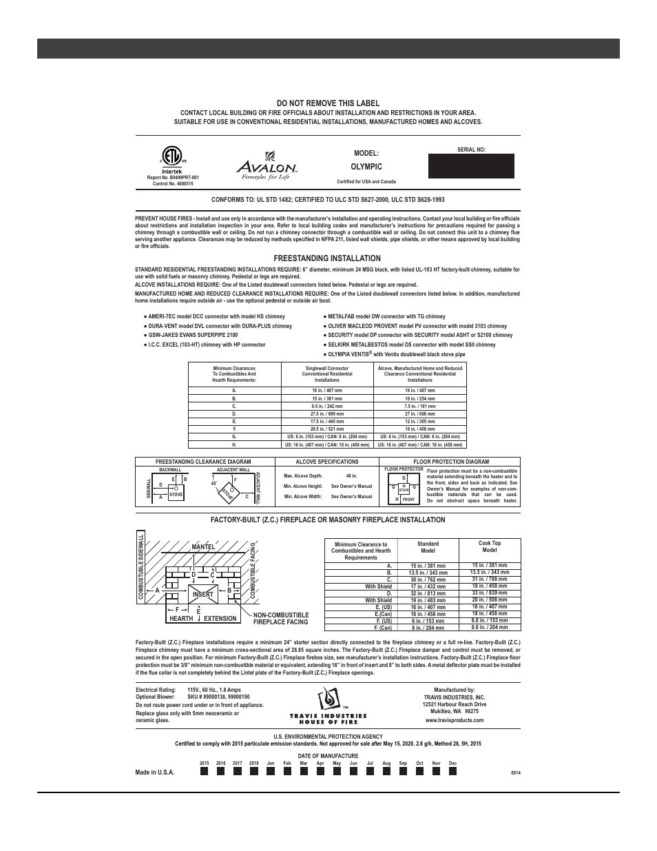 Listing information 41, Do not remove this label, Olympic | Freestanding installation | Avalon Firestyles Olympic User Manual | Page 41 / 48