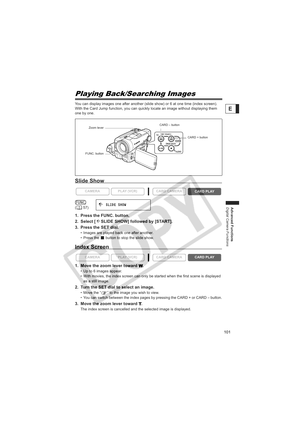 Playing back/searching images, Slide show, Index screen | Canon 50 User Manual | Page 101 / 162