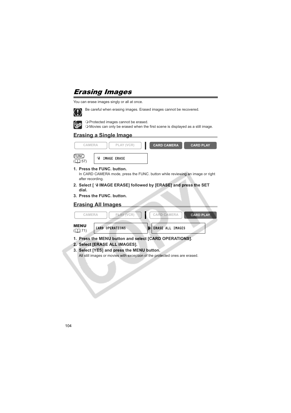 Erasing images, Erasing a single image, Erasing all images | Canon 50 User Manual | Page 104 / 162