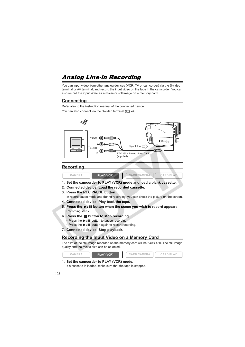 Analog line-in recording, Connecting, Recording | Canon 50 User Manual | Page 108 / 162