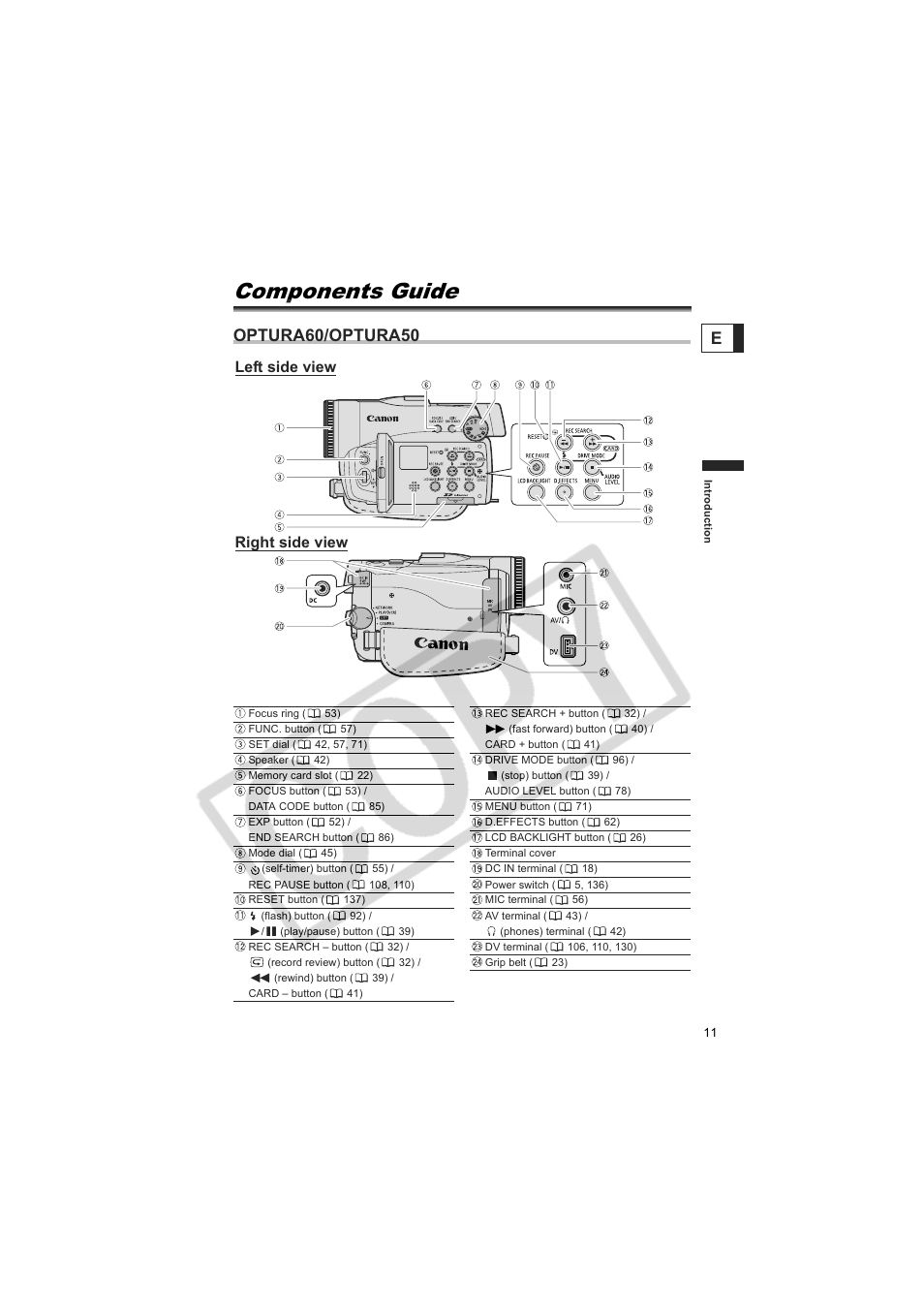 Components guide, Optura60/optura50, Left side view right side view | Canon 50 User Manual | Page 11 / 162