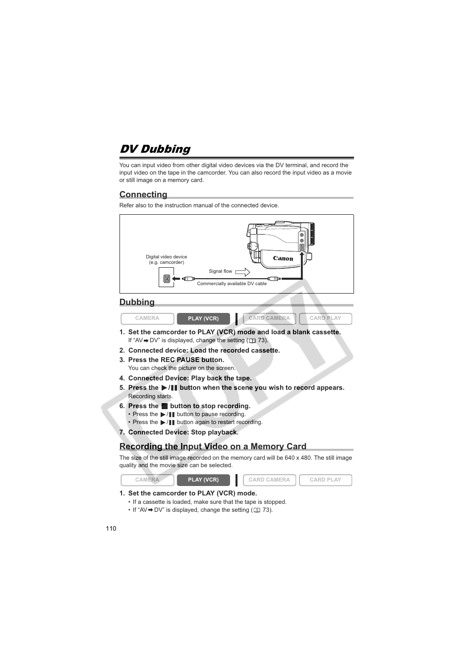 Dv dubbing, Connecting, Dubbing | Canon 50 User Manual | Page 110 / 162