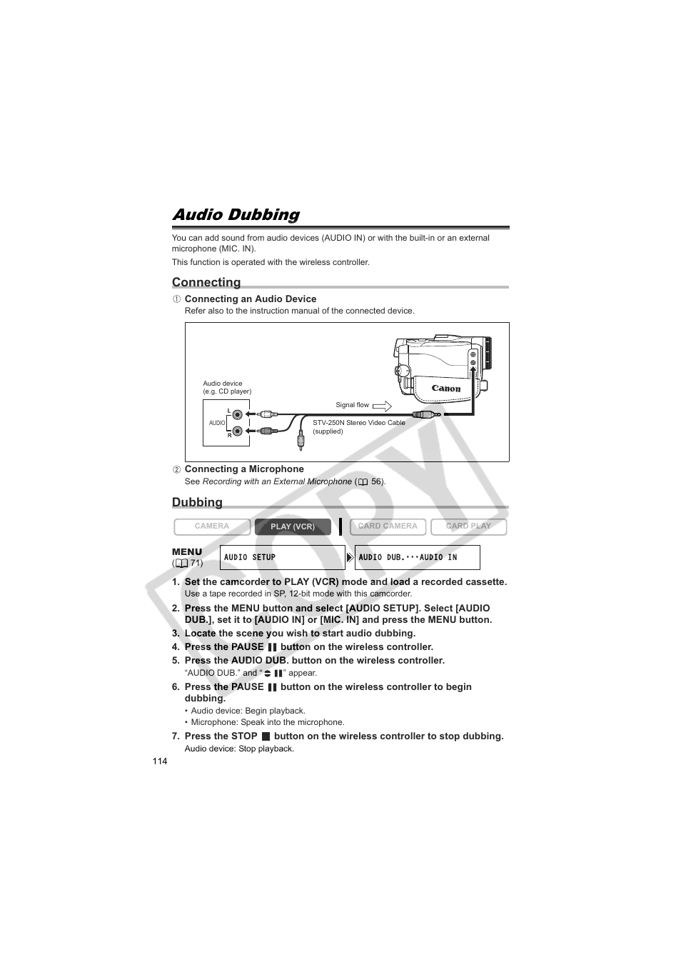 Audio dubbing, Connecting, Dubbing | Canon 50 User Manual | Page 114 / 162