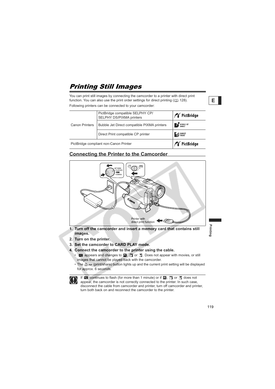 Printing still images, Connecting the printer to the camcorder | Canon 50 User Manual | Page 119 / 162