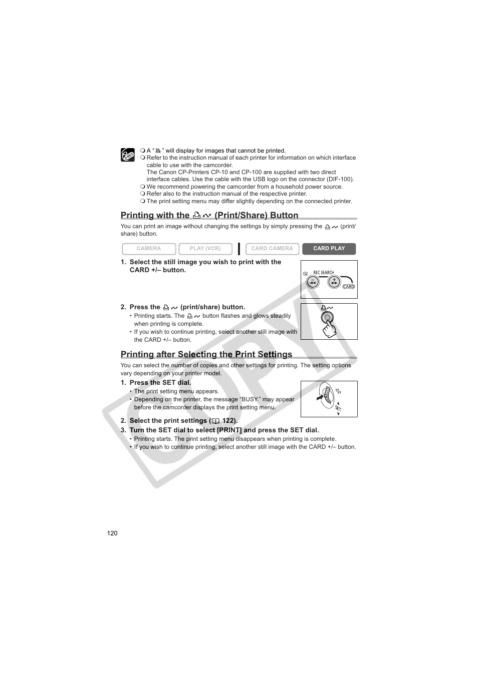 Printing with the (print/share) button, Printing after selecting the print settings | Canon 50 User Manual | Page 120 / 162