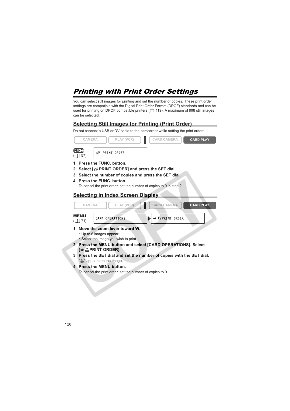 Printing with print order settings, Selecting still images for printing (print order), Selecting in index screen display | Canon 50 User Manual | Page 128 / 162