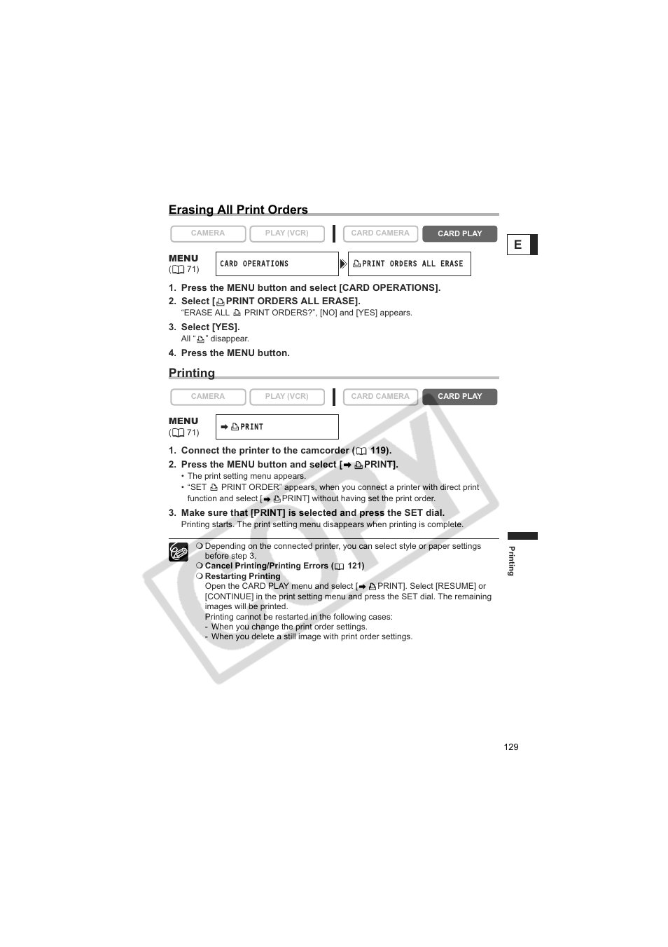 Eerasing all print orders, Printing | Canon 50 User Manual | Page 129 / 162