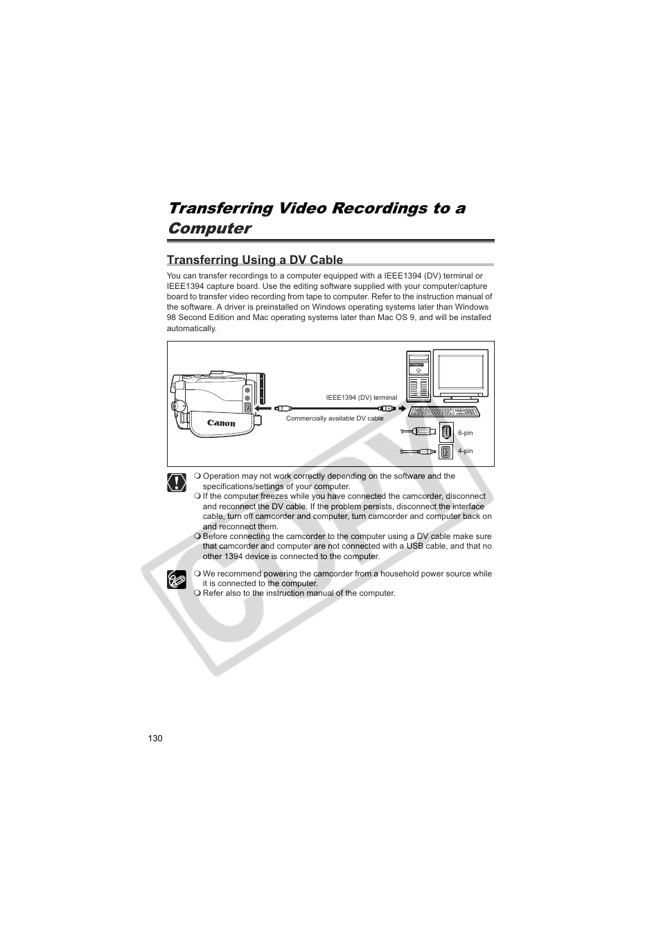 Transferring video recordings to a computer, Transferring using a dv cable | Canon 50 User Manual | Page 130 / 162