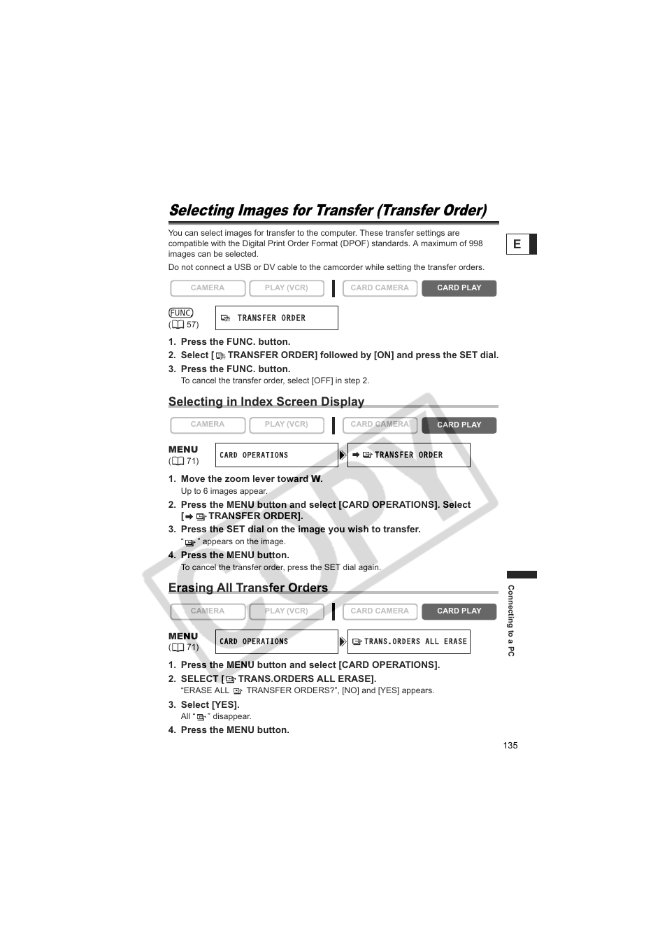 Selecting images for transfer (transfer order), Selecting in index screen display, Erasing all transfer orders | Canon 50 User Manual | Page 135 / 162