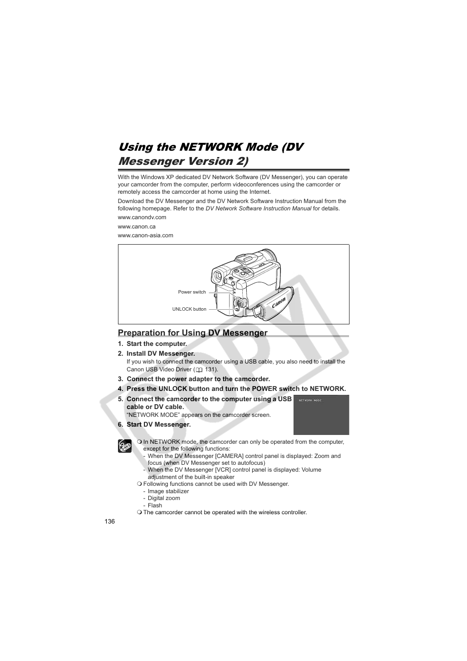 Using the network mode (dv messenger version 2), Preparation for using dv messenger | Canon 50 User Manual | Page 136 / 162