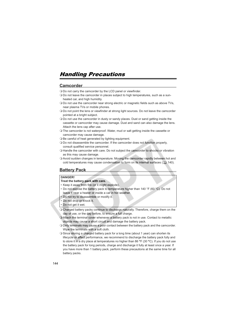 Handling precautions, Camcorder, Battery pack | Canon 50 User Manual | Page 144 / 162