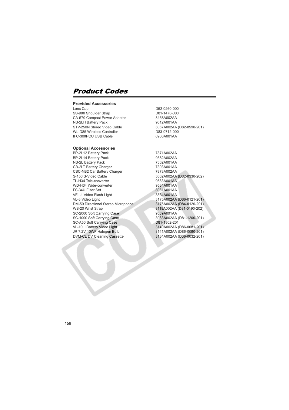 Product codes | Canon 50 User Manual | Page 156 / 162