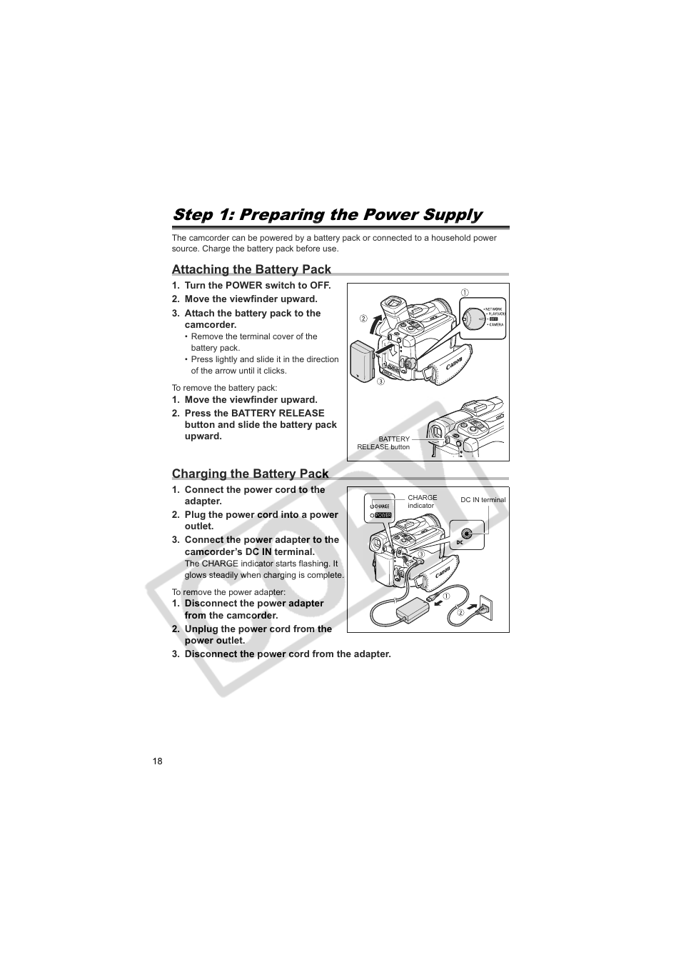 Step 1: preparing the power supply, Attaching the battery pack, Charging the battery pack | Canon 50 User Manual | Page 18 / 162