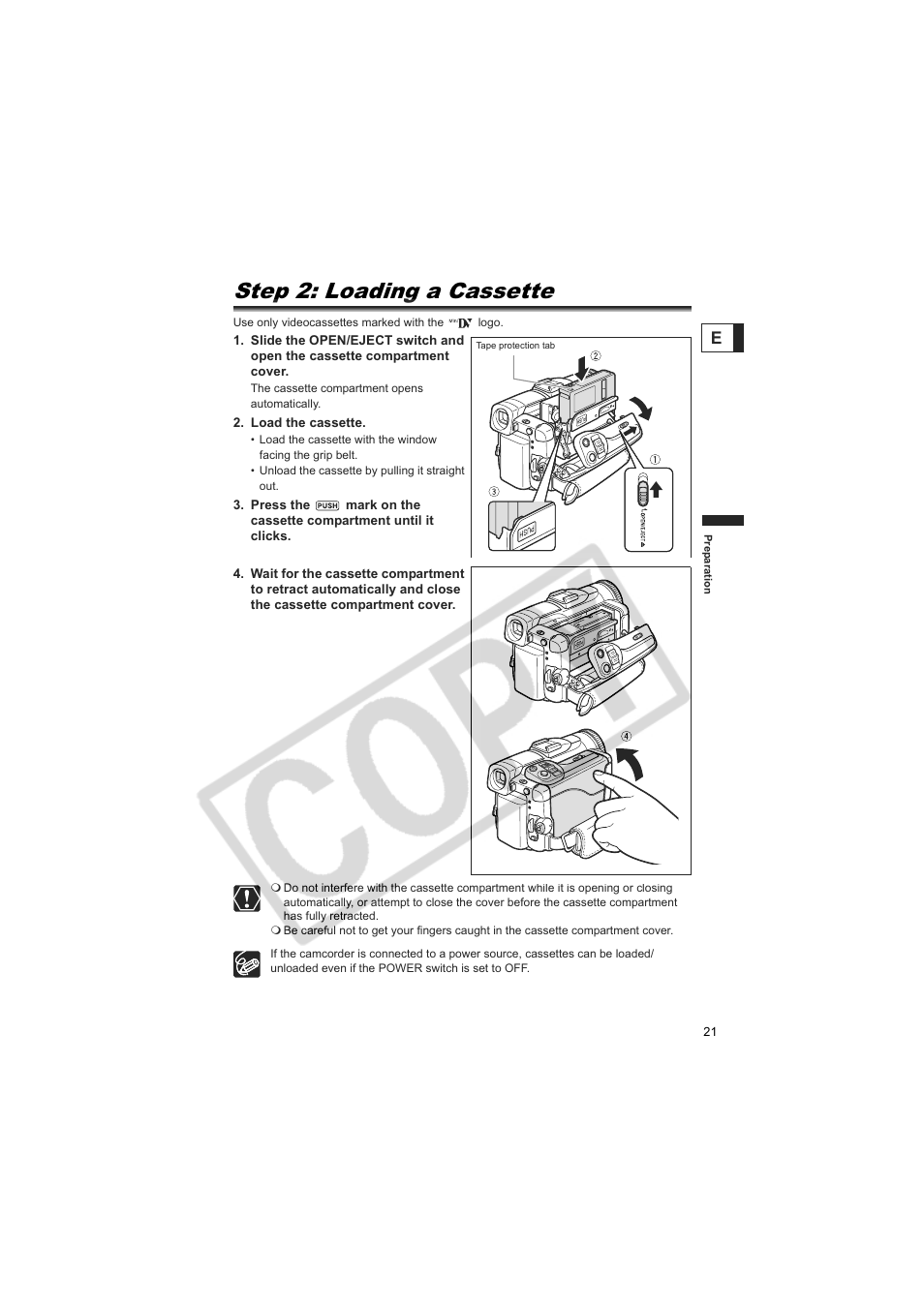 Step 2: loading a cassette | Canon 50 User Manual | Page 21 / 162