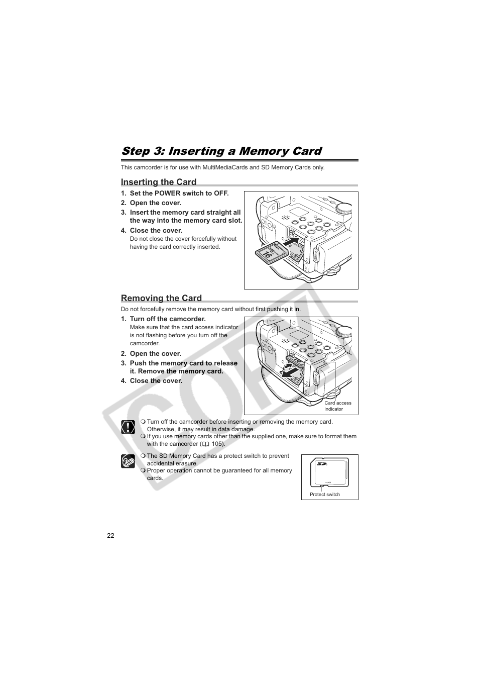 Inserting the card, Removing the card | Canon 50 User Manual | Page 22 / 162