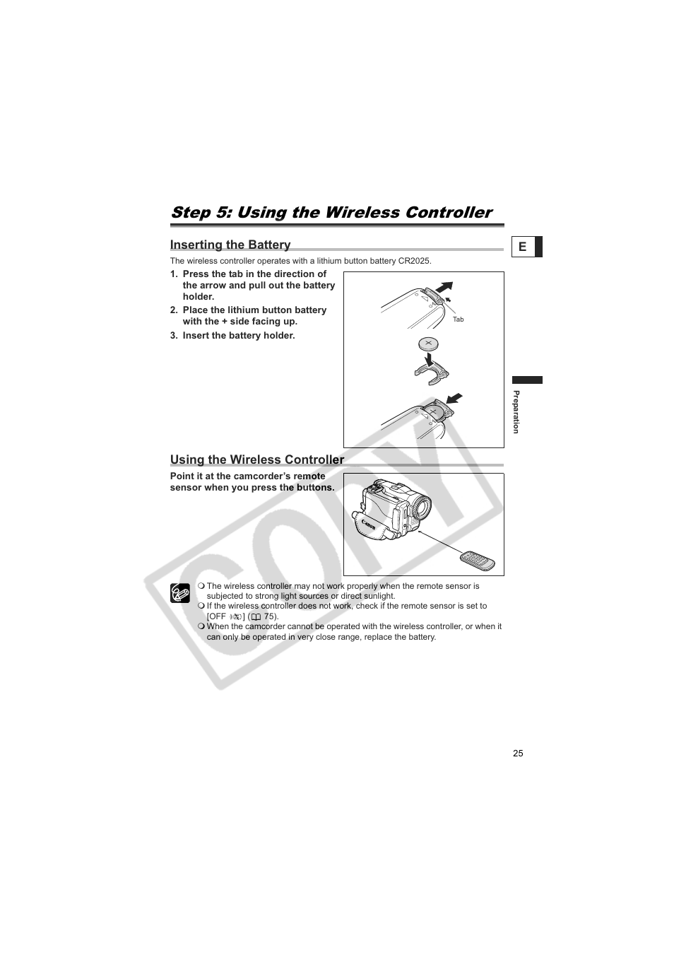 Step 5: using the wireless controller, Inserting the battery, Using the wireless controller | Canon 50 User Manual | Page 25 / 162