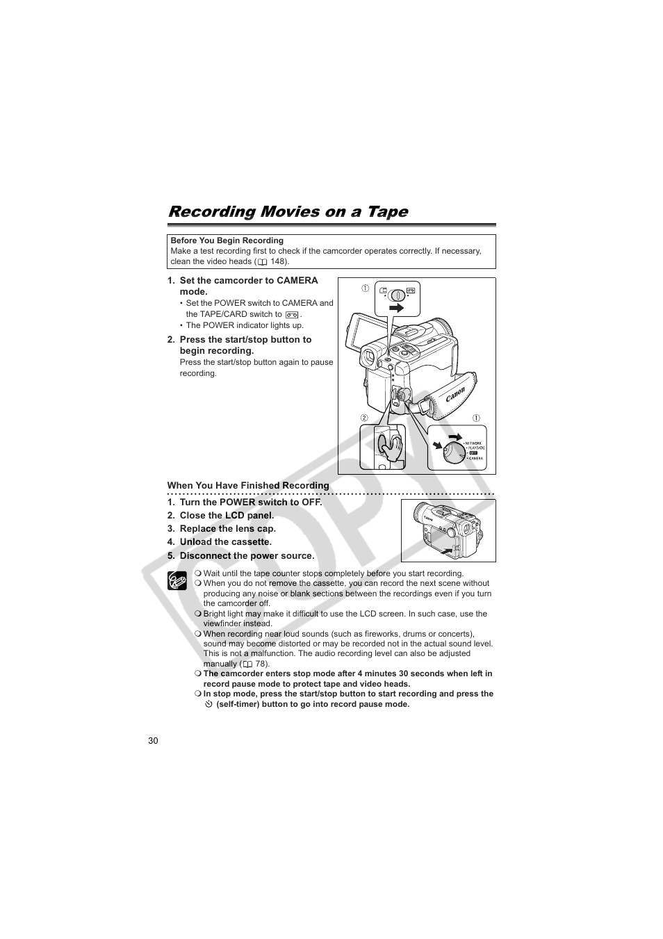 Recording movies on a tape | Canon 50 User Manual | Page 30 / 162