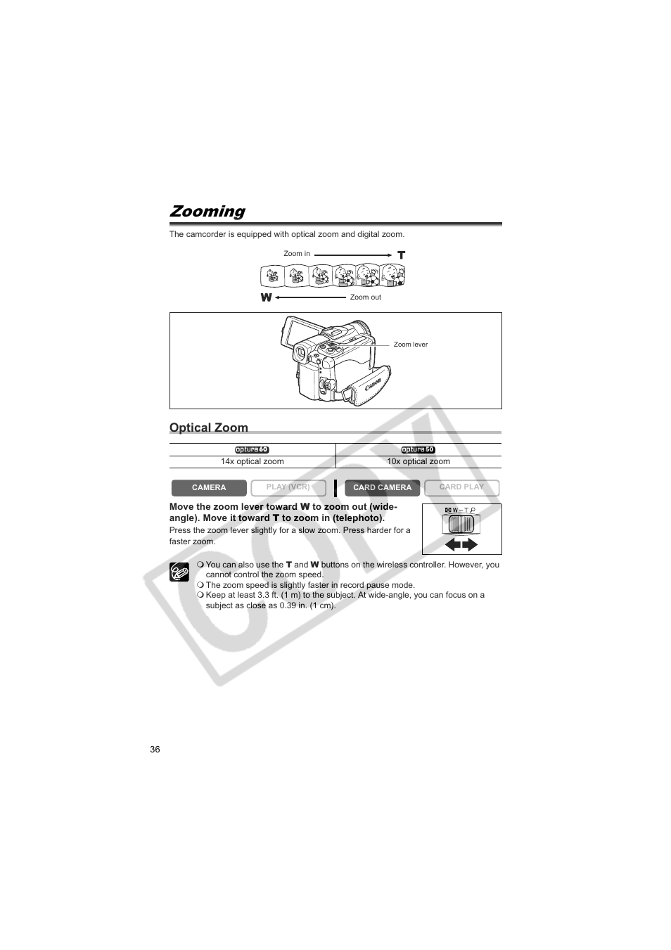 Zooming, Optical zoom | Canon 50 User Manual | Page 36 / 162