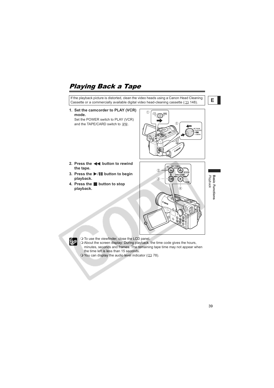 Playing back a tape | Canon 50 User Manual | Page 39 / 162