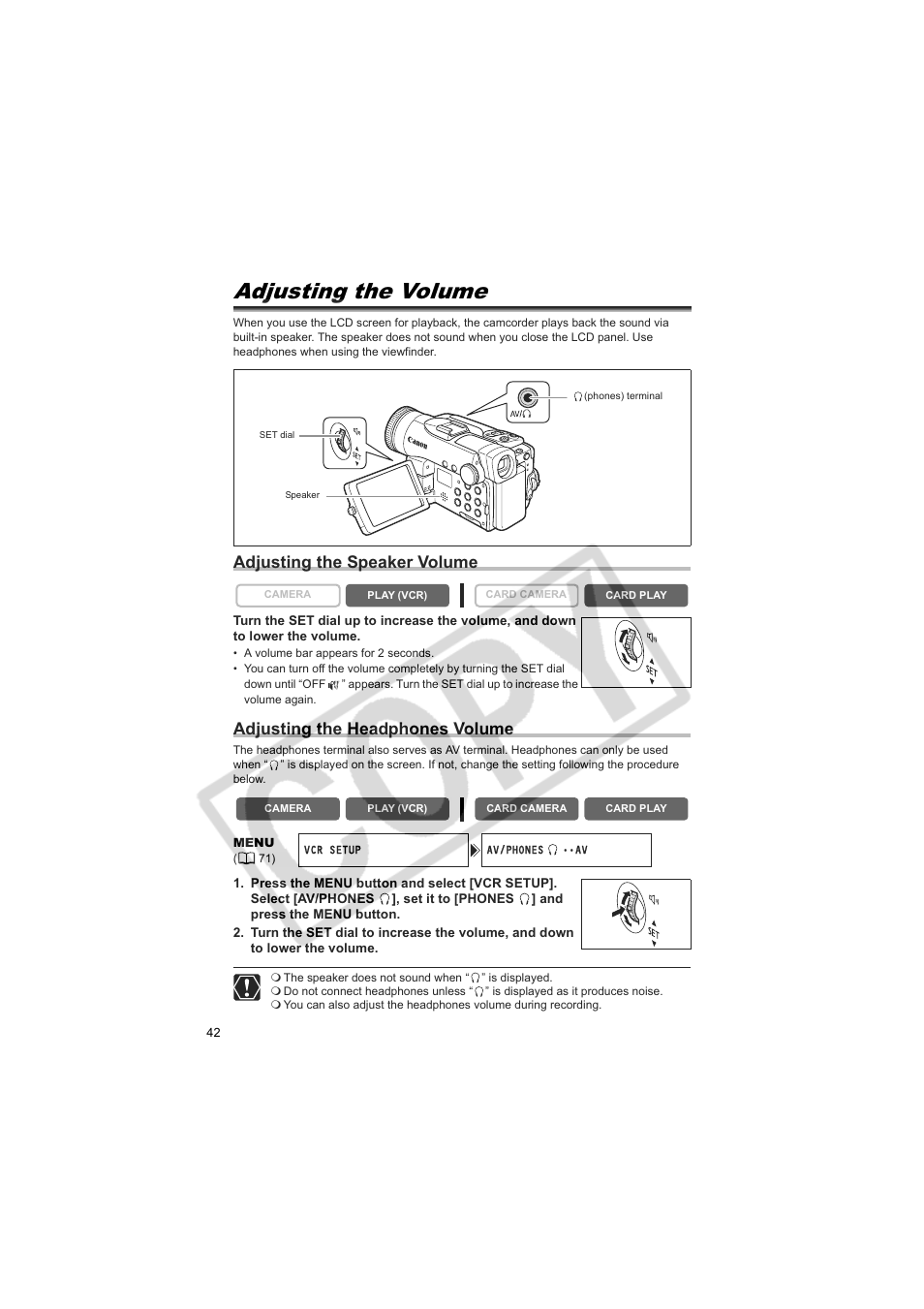 Adjusting the volume, Adjusting the speaker volume, Adjusting the headphones volume | Canon 50 User Manual | Page 42 / 162