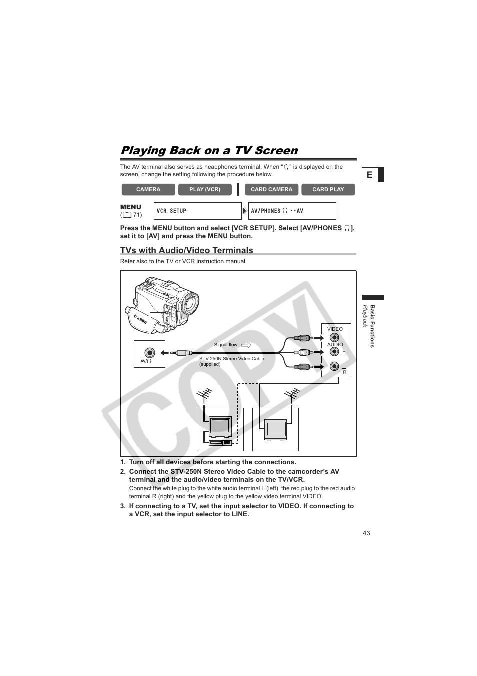 Playing back on a tv screen, Tvs with audio/video terminals | Canon 50 User Manual | Page 43 / 162