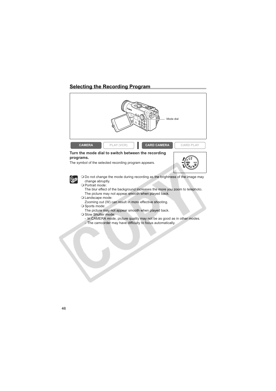 Selecting the recording program | Canon 50 User Manual | Page 46 / 162