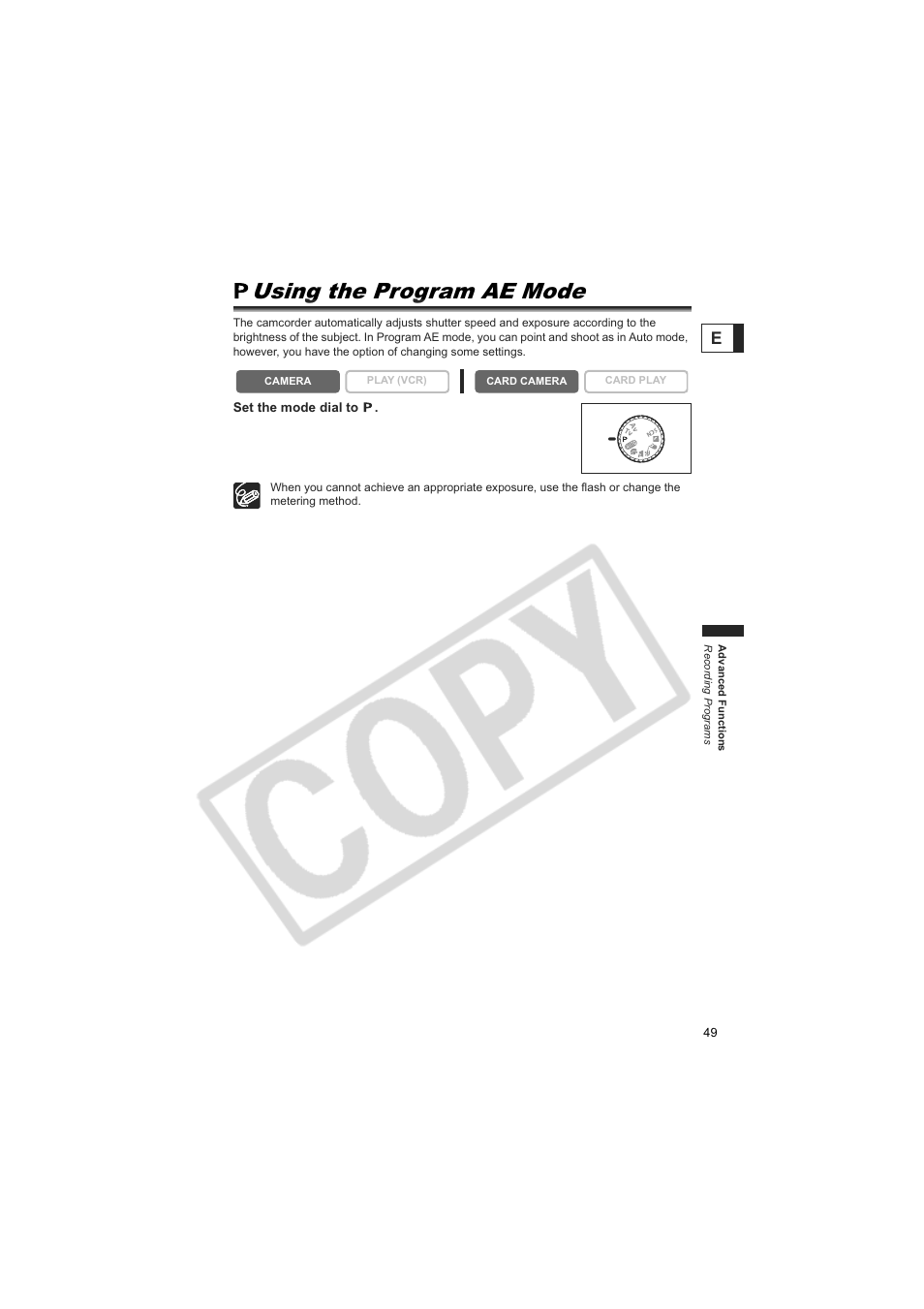 Using the program ae mode | Canon 50 User Manual | Page 49 / 162