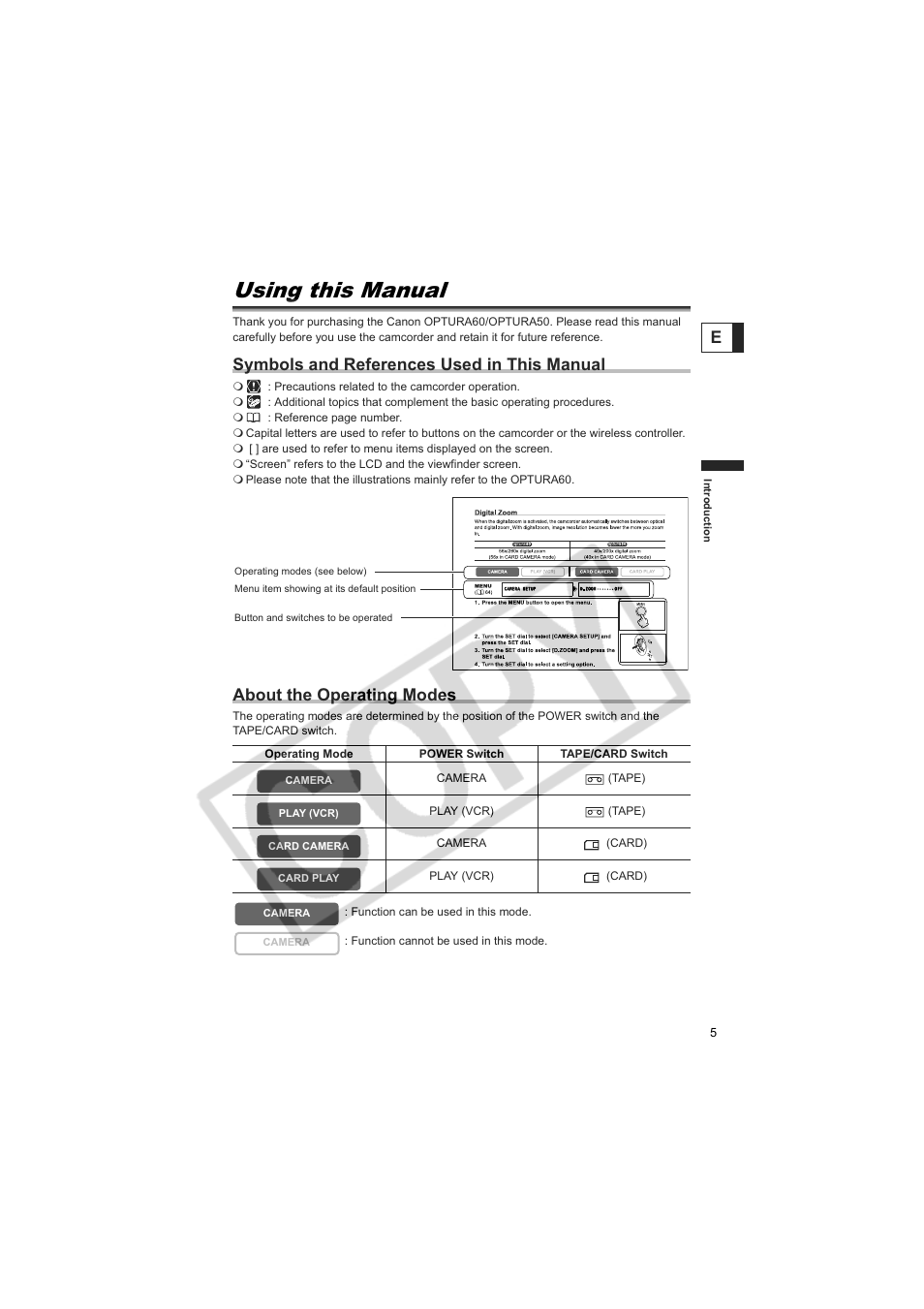 Using this manual, Symbols and references used in this manual, About the operating modes | Canon 50 User Manual | Page 5 / 162