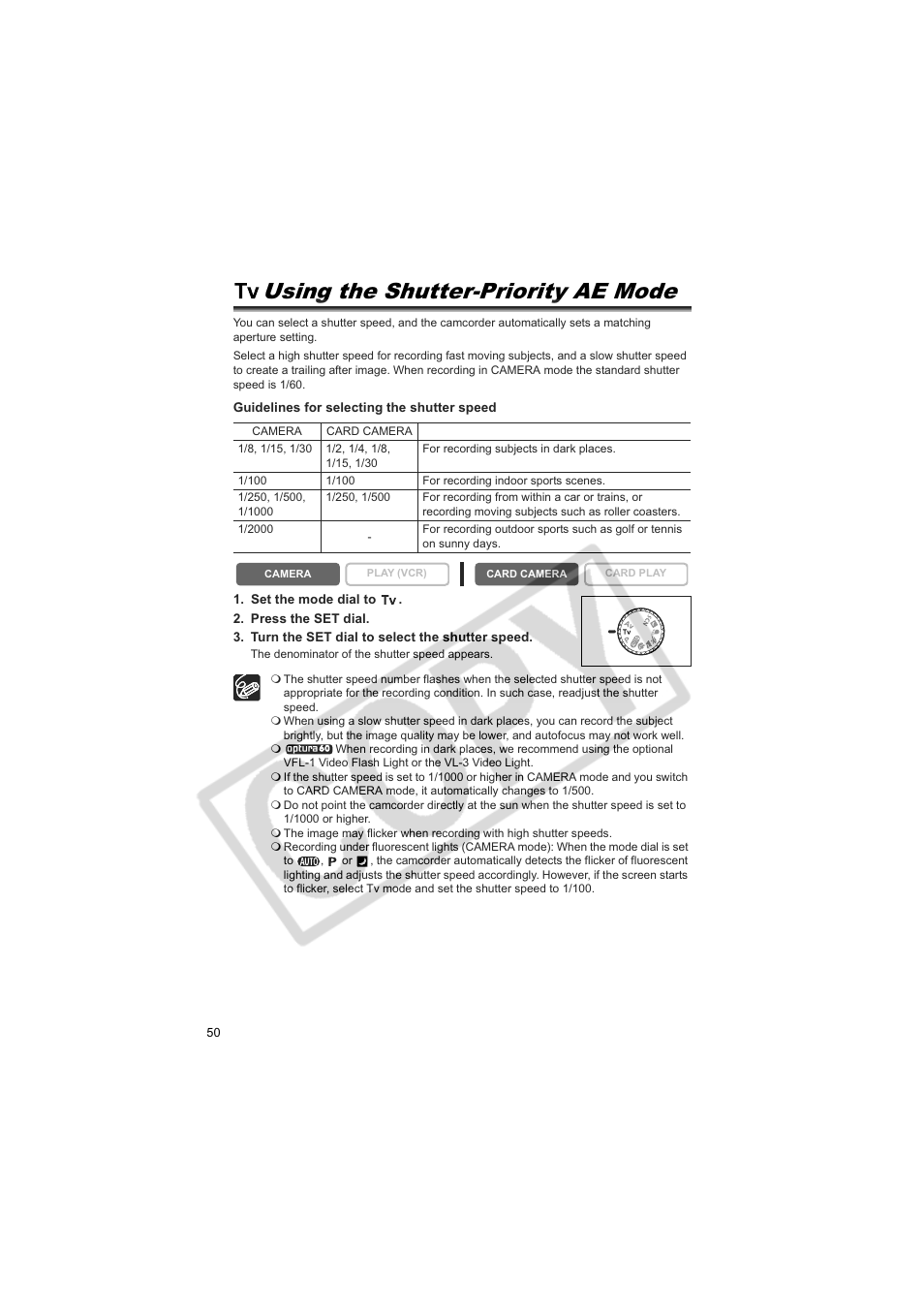 Using the shutter-priority ae mode | Canon 50 User Manual | Page 50 / 162