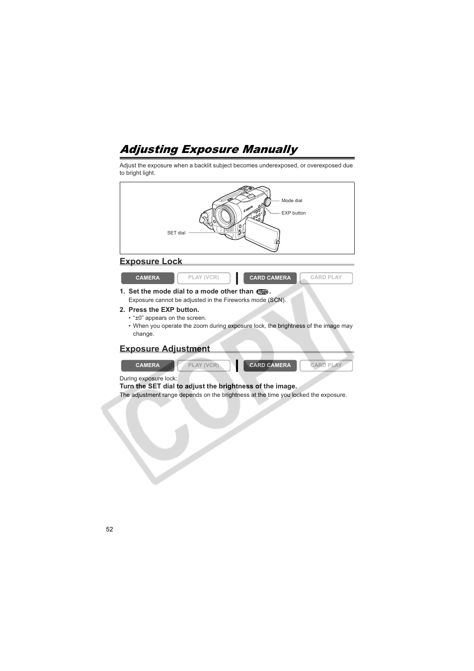 Adjusting exposure manually, Exposure lock, Exposure adjustment | Canon 50 User Manual | Page 52 / 162