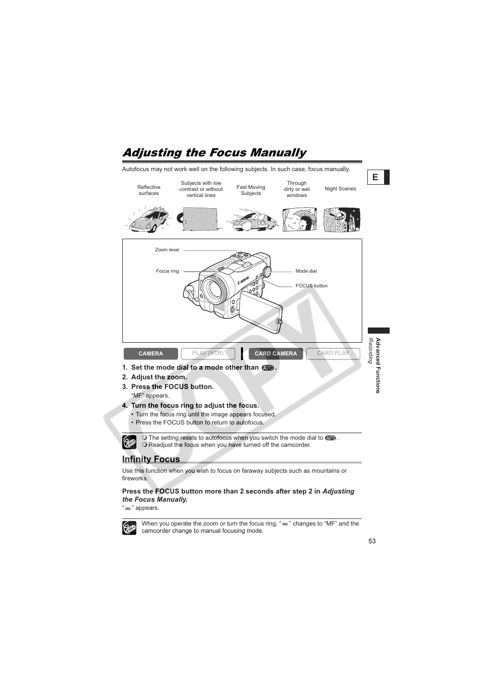 Adjusting the focus manually, Infinity focus | Canon 50 User Manual | Page 53 / 162