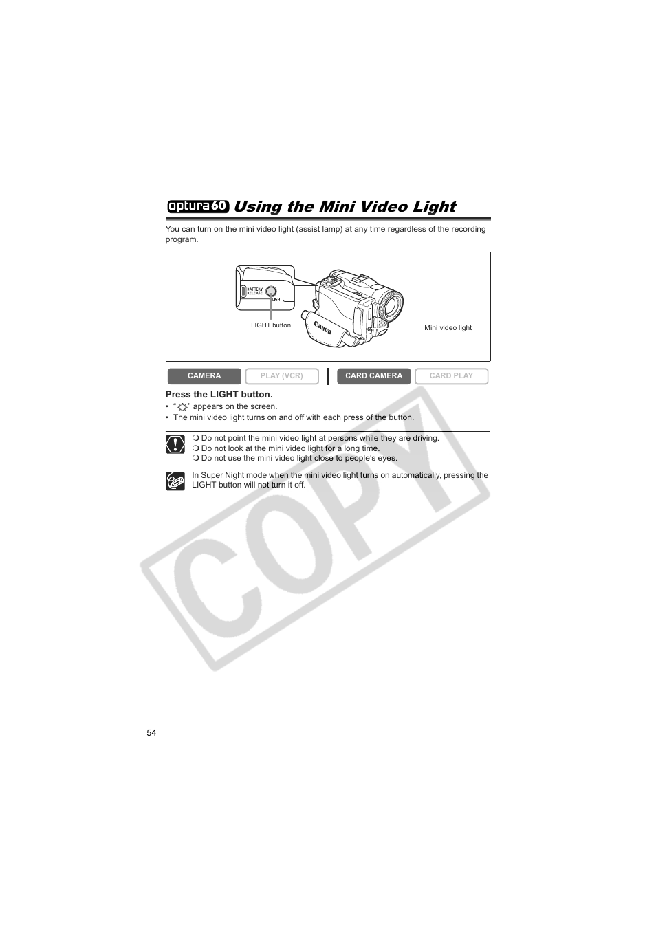 Using the mini video light | Canon 50 User Manual | Page 54 / 162