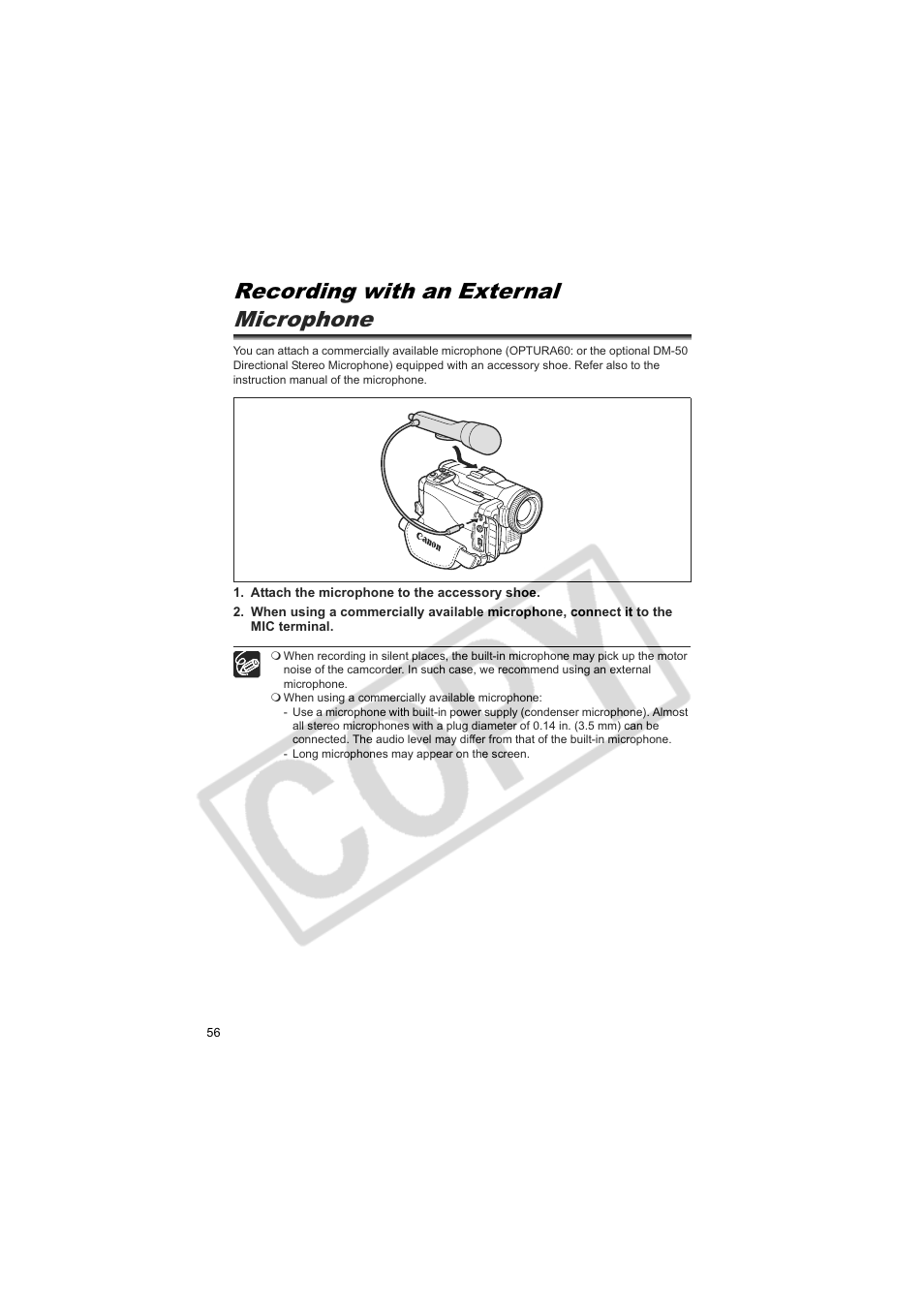 Recording with an external microphone | Canon 50 User Manual | Page 56 / 162