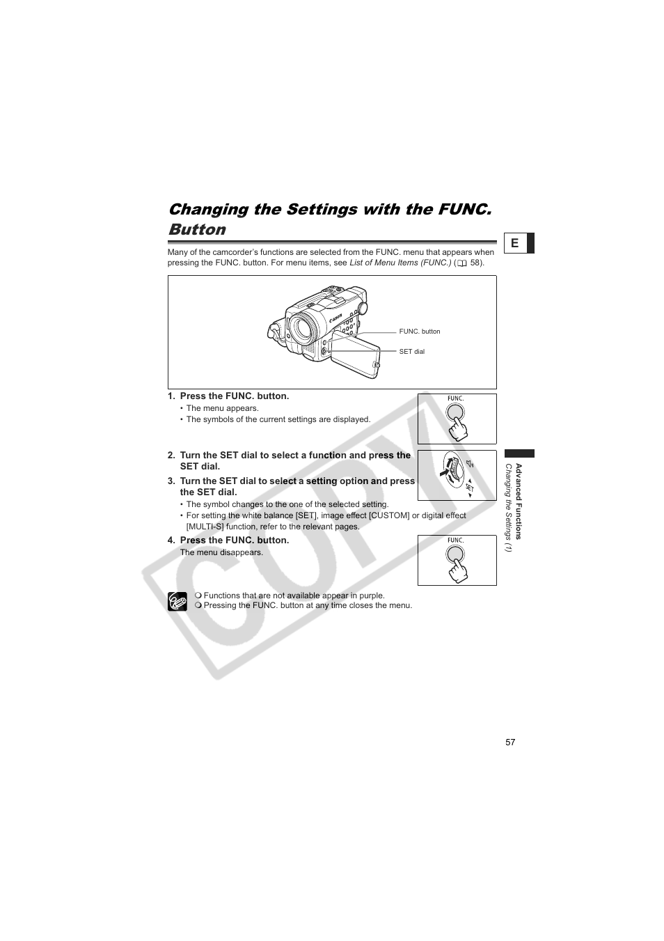 Changing the settings with the func. button | Canon 50 User Manual | Page 57 / 162