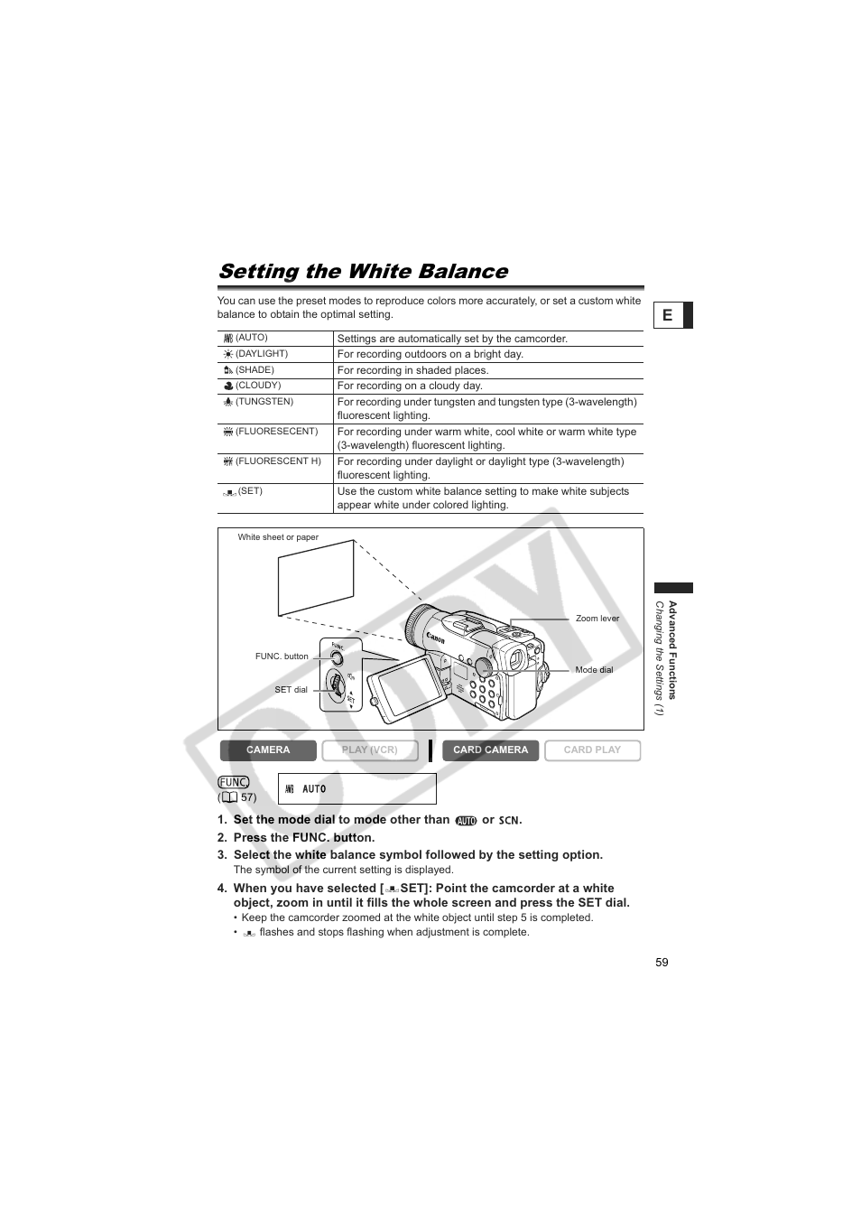 Setting the white balance | Canon 50 User Manual | Page 59 / 162