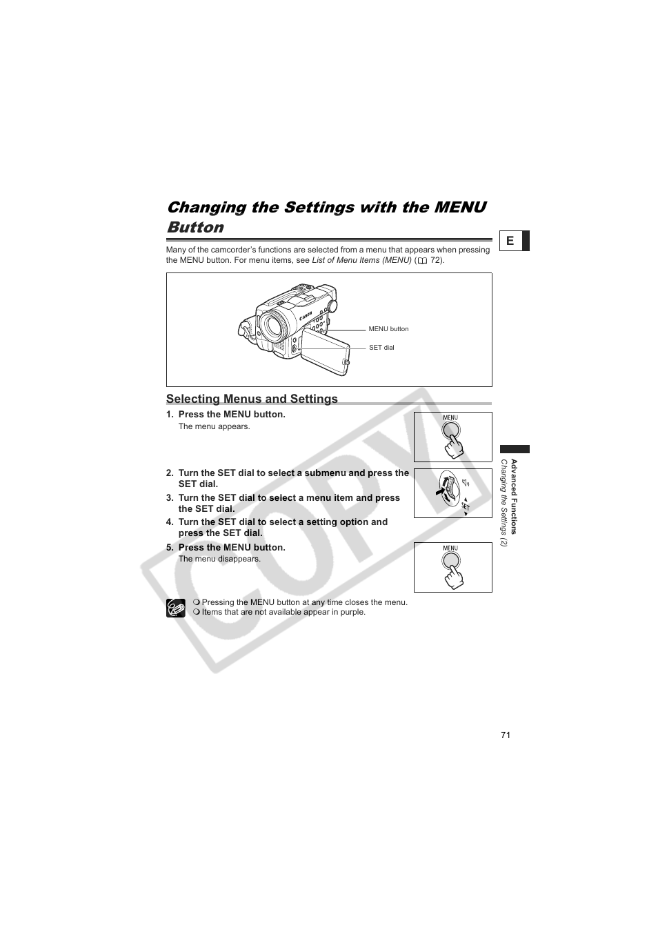 Changing the settings with the menu button, Selecting menus and settings | Canon 50 User Manual | Page 71 / 162