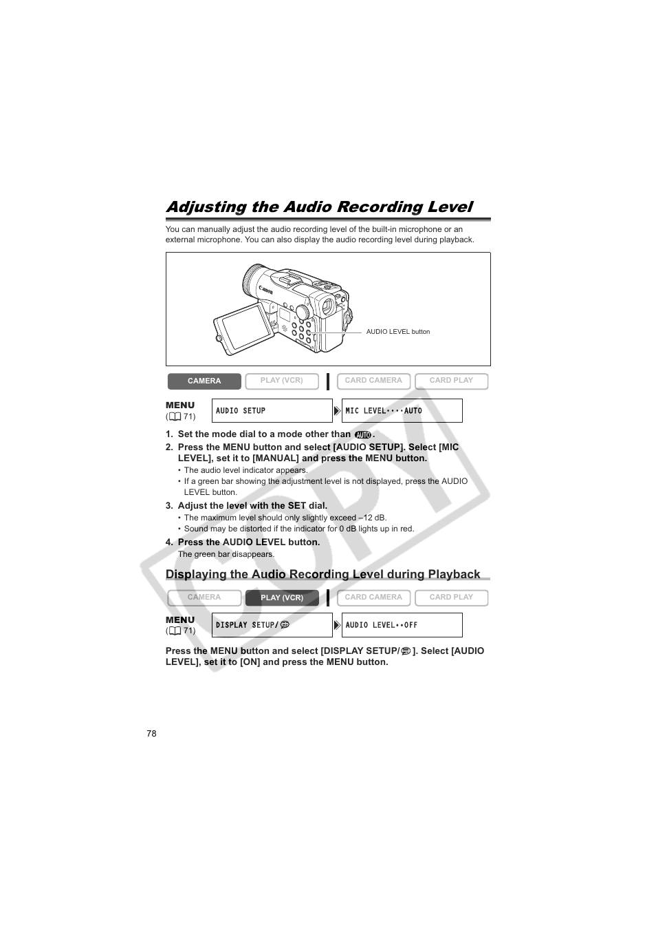 Adjusting the audio recording level | Canon 50 User Manual | Page 78 / 162
