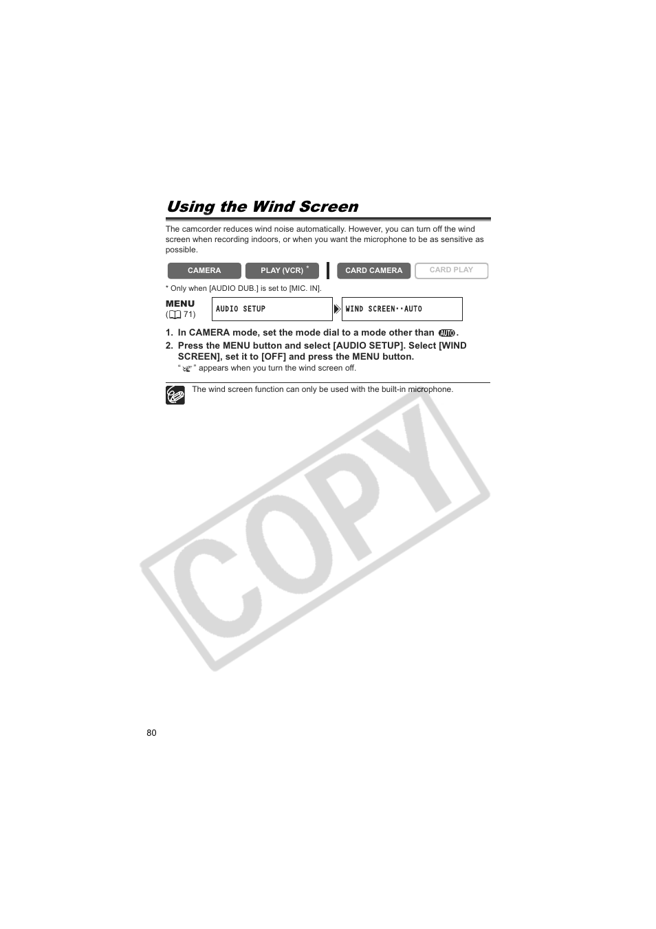 Using the wind screen | Canon 50 User Manual | Page 80 / 162
