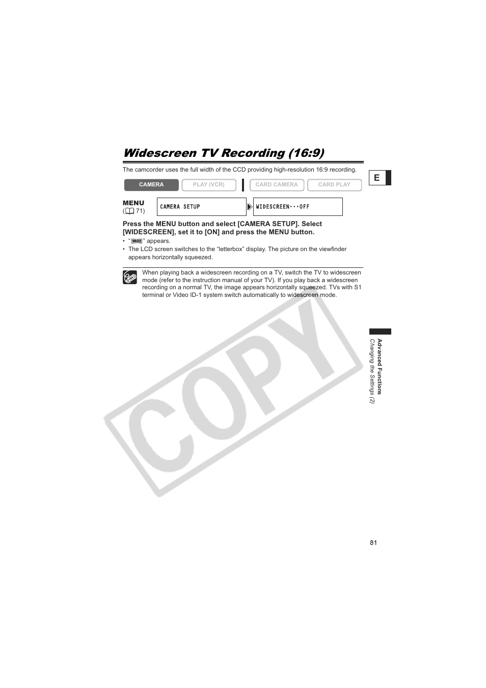 Widescreen tv recording (16:9) | Canon 50 User Manual | Page 81 / 162
