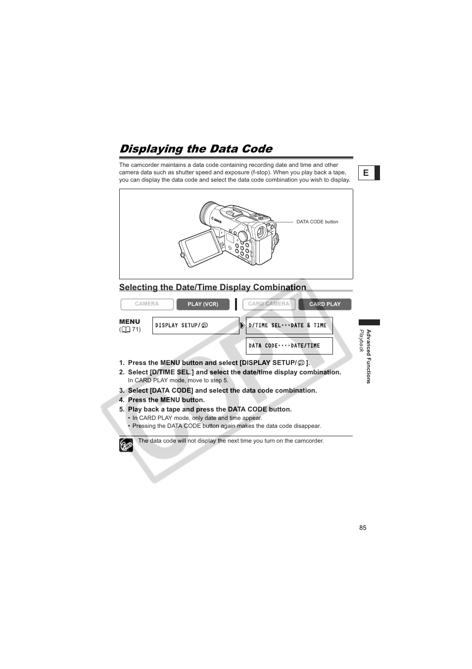 Displaying the data code, Selecting the date/time display combination | Canon 50 User Manual | Page 85 / 162