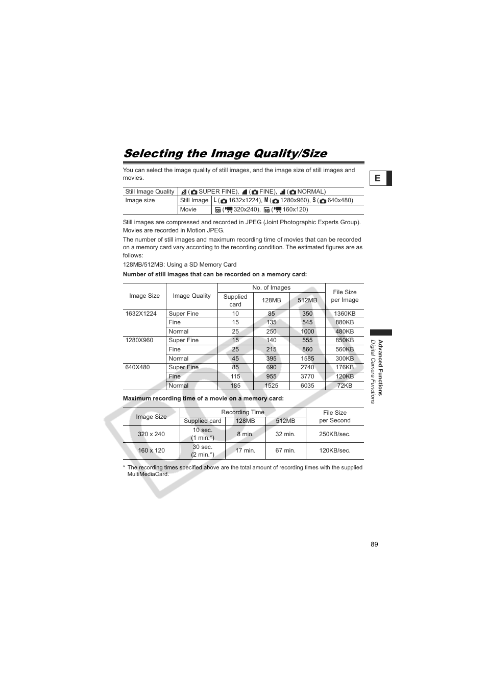 Selecting the image quality/size | Canon 50 User Manual | Page 89 / 162