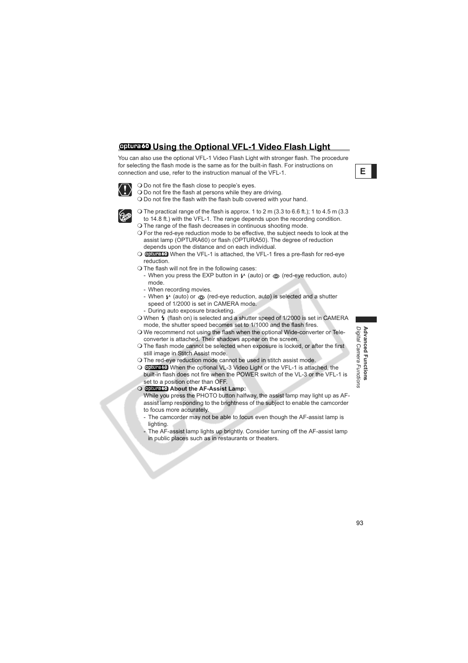 Eusing the optional vfl-1 video flash light | Canon 50 User Manual | Page 93 / 162