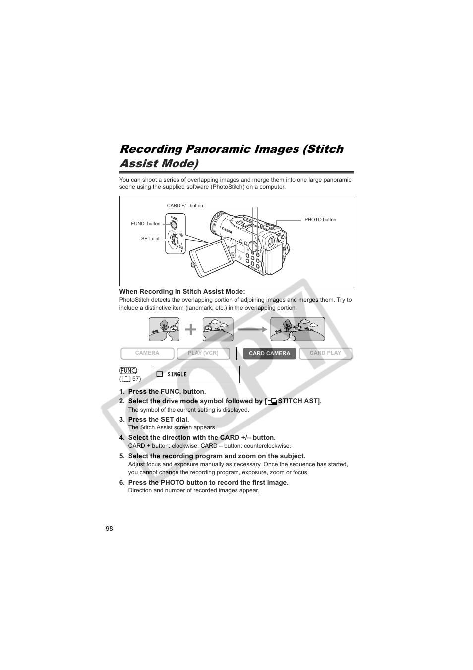 Recording panoramic images (stitch assist mode) | Canon 50 User Manual | Page 98 / 162