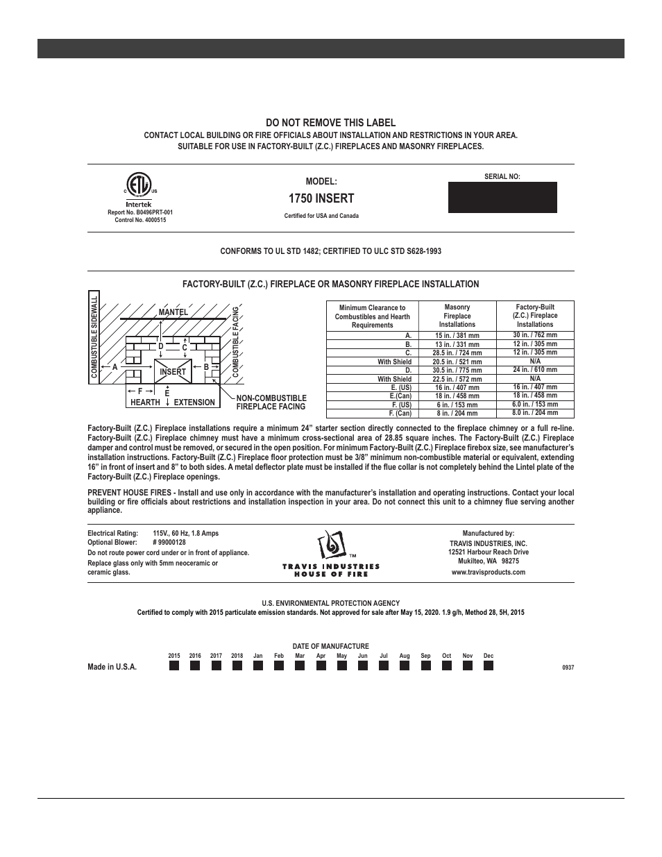 34 listing label, 1750 insert, Do not remove this label | Avalon Firestyles 1750 Spokane User Manual | Page 34 / 36