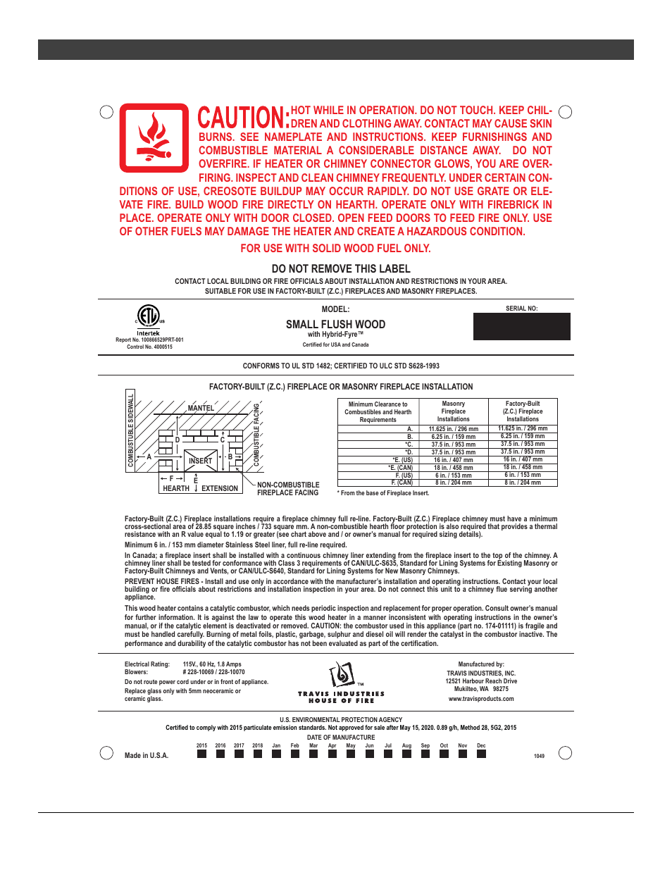 Listing information 43, Listing label, Small flush wood | Avalon Firestyles Small Flush Hybrid-Fyre User Manual | Page 43 / 44