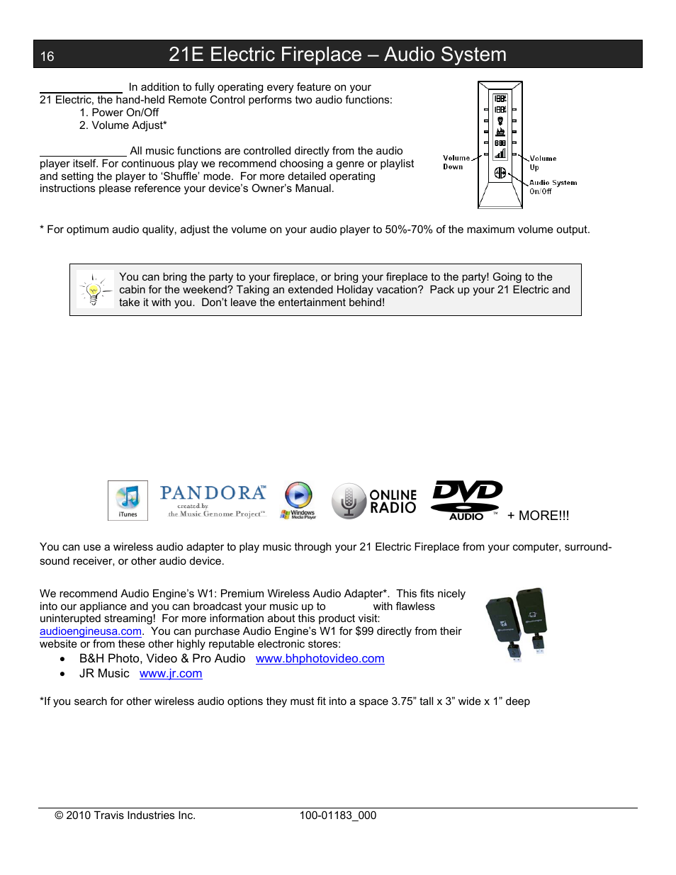 21e electric fireplace – audio system, Hd wireless playback options | Avalon Firestyles Hideaway E Fireplace User Manual | Page 16 / 18