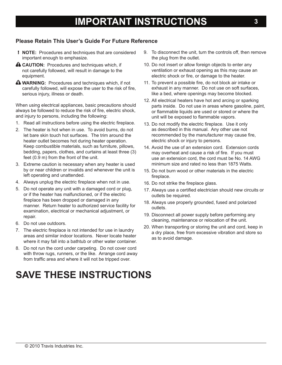 Important instructions, Save these instructions | Avalon Firestyles Hideaway E Fireplace User Manual | Page 3 / 18