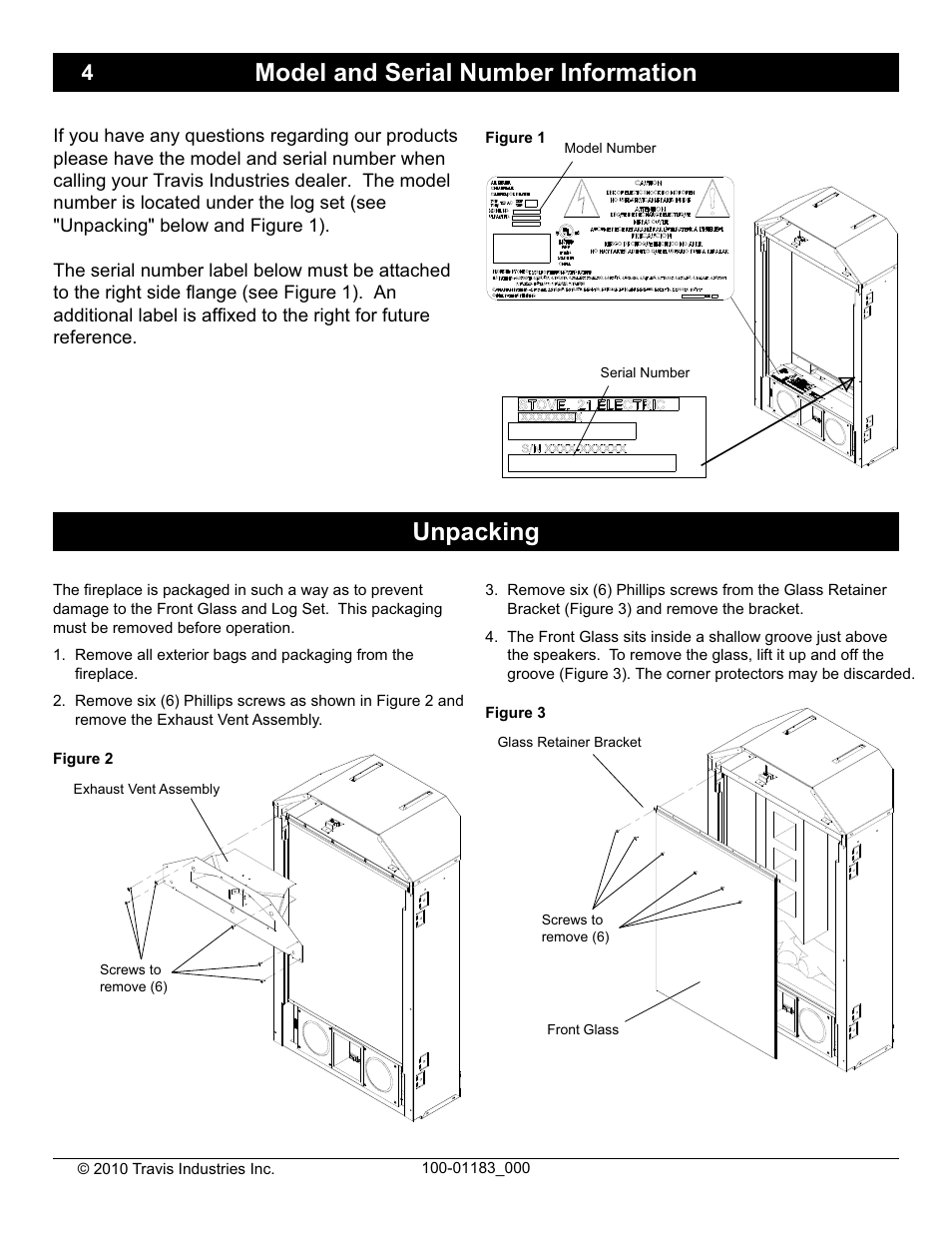 Model and serial number information, Unpacking | Avalon Firestyles Hideaway E Fireplace User Manual | Page 4 / 18