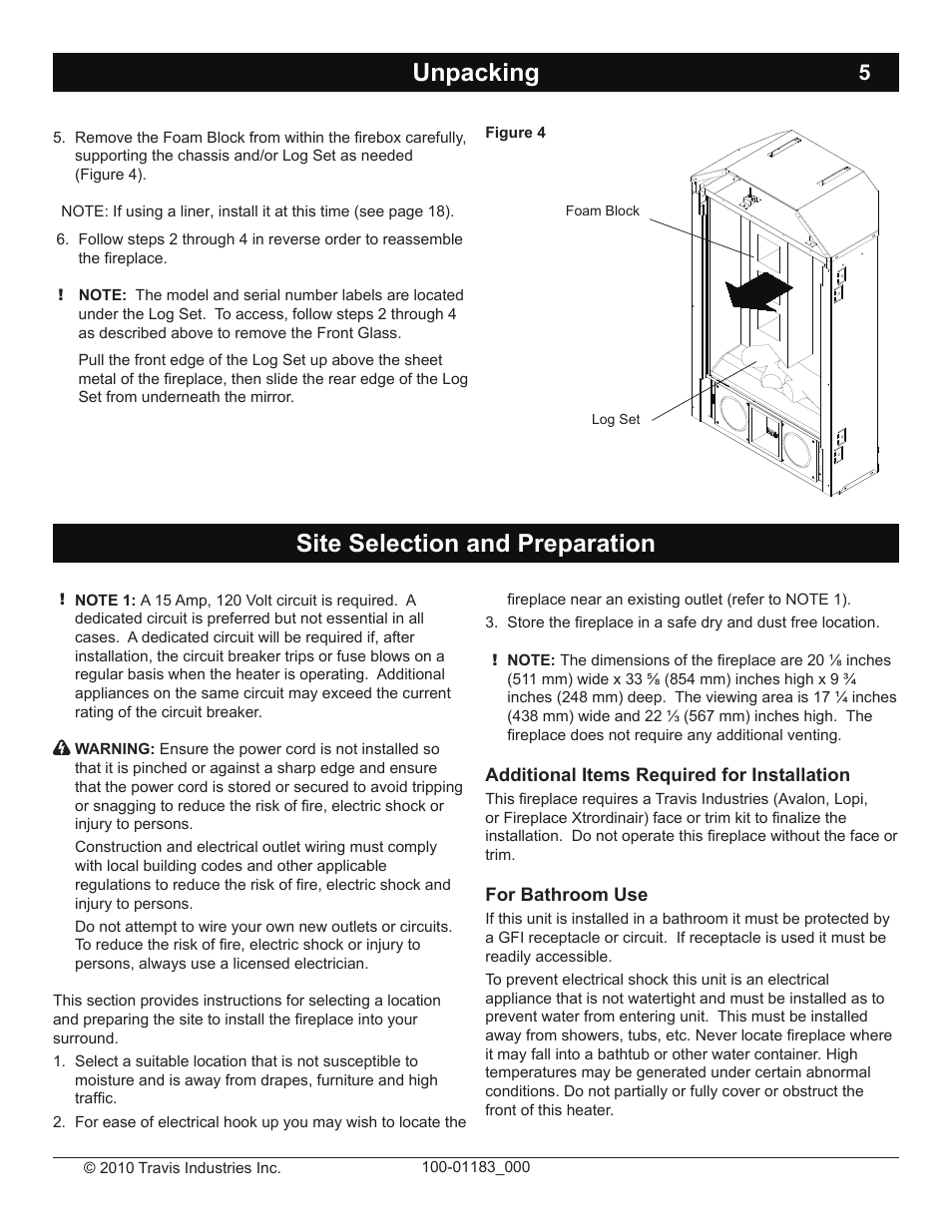 Unpacking, Site selection and preparation | Avalon Firestyles Hideaway E Fireplace User Manual | Page 5 / 18